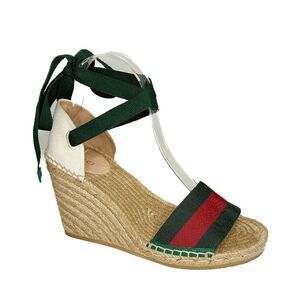 Gucci Lilibeth Web Espadrille Wedge Sandals EU 38.5 Wrap Around Tie Striped Heel